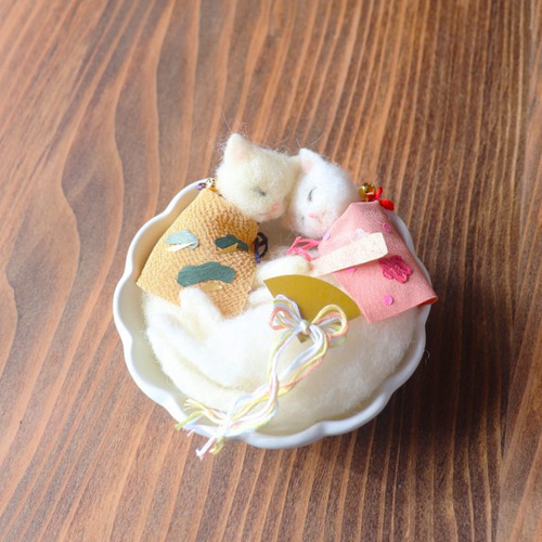 なかよし祝い猫 Φ13cm☆花鉢 リングピロー 羊毛フェルト 上杉こまめ