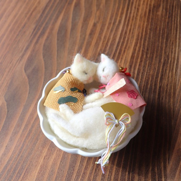 なかよし祝い猫 Φ13cm☆花鉢 リングピロー 羊毛フェルト 上杉こまめ