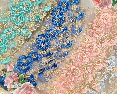 フラワー刺繍広幅淵飾りレース 50cm ピンク ブルー エメラルドグリーン