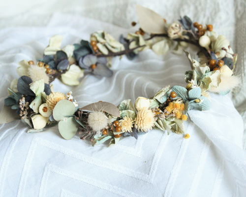 ウェデイング花冠 くすみブルーホワイト(ドライフラワー・プリザーブド