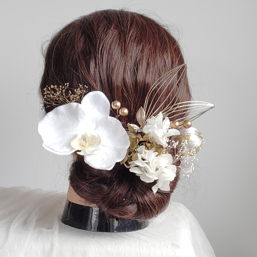 胡蝶蘭の髪飾り 白無垢 水引 髪飾り ヘッドドレス ヘアアクセサリー 前