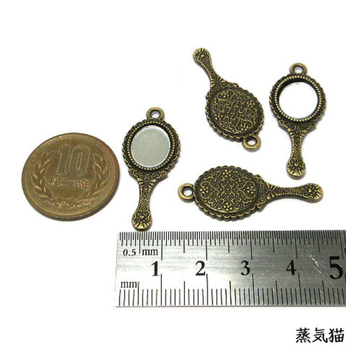 ミニ手鏡チャーム ミラー付 金古美 4個【アンティーク調 ハンドメイド 