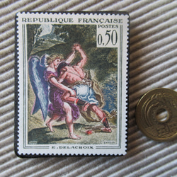 フランス　美術ドラクロワ画「ヤコブと天使の戦い」切手ブローチ　2853 3枚目の画像
