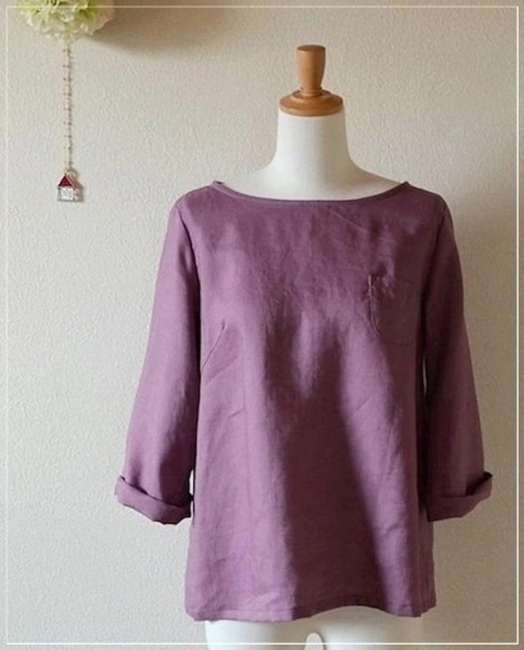 【受注制作】八分袖　リネンボートネックブラウス　カラーが選べる　S〜３L