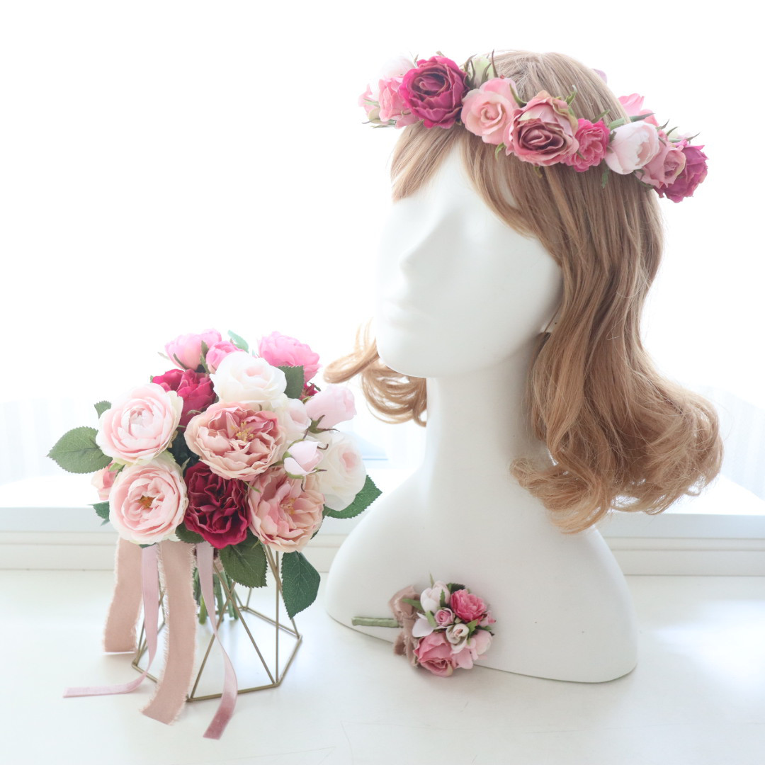 フランスアンティーク布花冠ヴェール付き　ヘッドドレス　ベビー用 フランスアンティーク布花冠ヴェール付き ヘッドドレス ベビー用