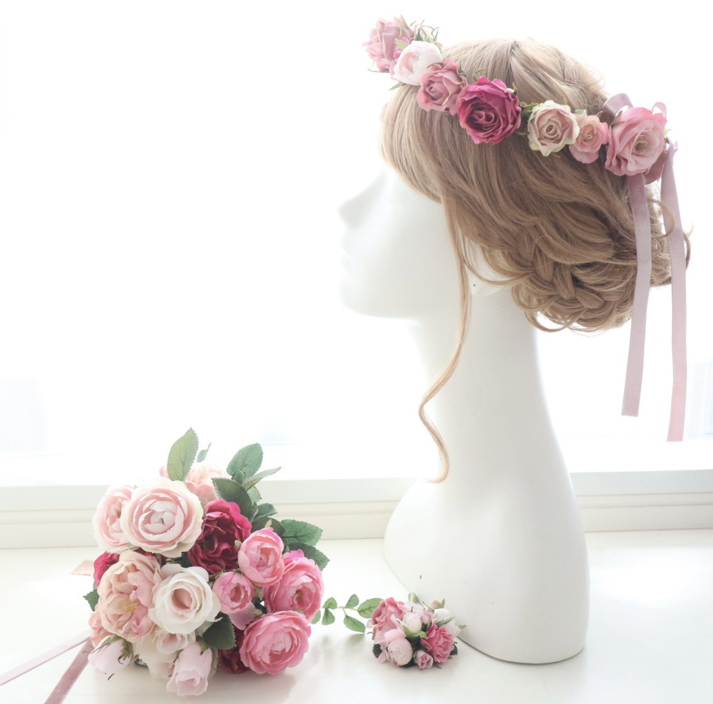 ウェディングブーケ＊ローズ 薔薇 オールドローズ 花冠 ブライダルブーケセット