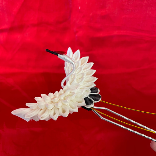 厚切りタン　つまみ細工　鶴　ウェディング　ブライダル 受注制作】鶴 かんざし つまみ細工 着物 ウェディング 成人式