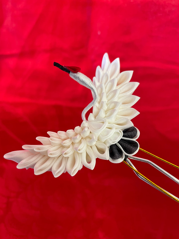 受注制作】鶴 かんざし つまみ細工 着物 ウェディング 成人式 受注制作】鶴 かんざし つまみ細工 着物 ウェディング 成人式