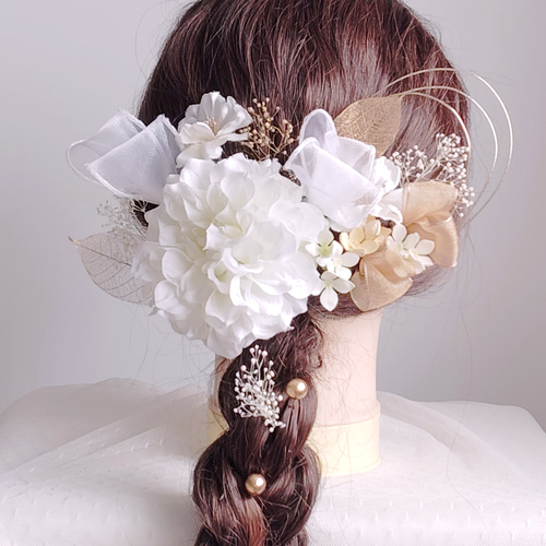 オーガンジーリボンと水引きの髪飾り 結婚式 卒業式 成人式 髪飾り