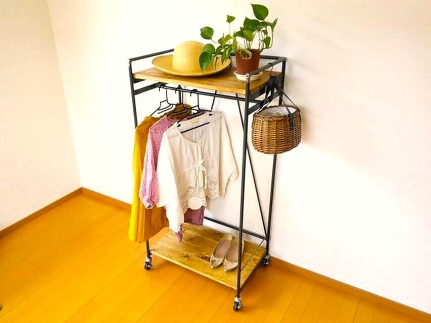 アイアン ウッド ハンガー ラック　コンパクト （キャスター付き）（玄関 ワンルーム）《頑丈》《全面溶接》