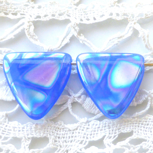 三角 青プリント チェコビーズCzech Glass Bead2個 ビーズ