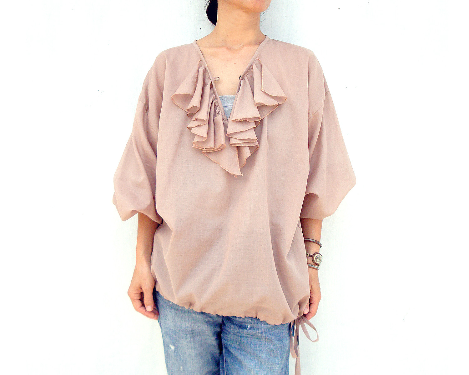 値下げ♪　フリルドローストリングブラウス（ベージュピンク）