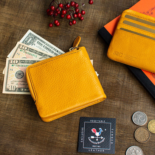 刻印可】 カード収納12枚 L字ファスナー二つ折り財布 イエロー ブレ
