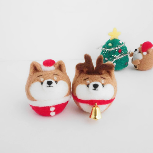 受注製作】 まゆ柴犬サンタとトナカイセット(赤柴・黒柴・白柴) 羊毛