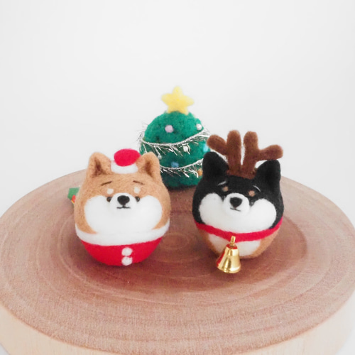 受注製作】 まゆ柴犬サンタとトナカイセット(赤柴・黒柴・白柴) 羊毛