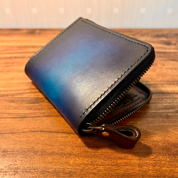 革の手染め- L字ファスナー半財布 / ブルー（青+紺） 3枚目の画像
