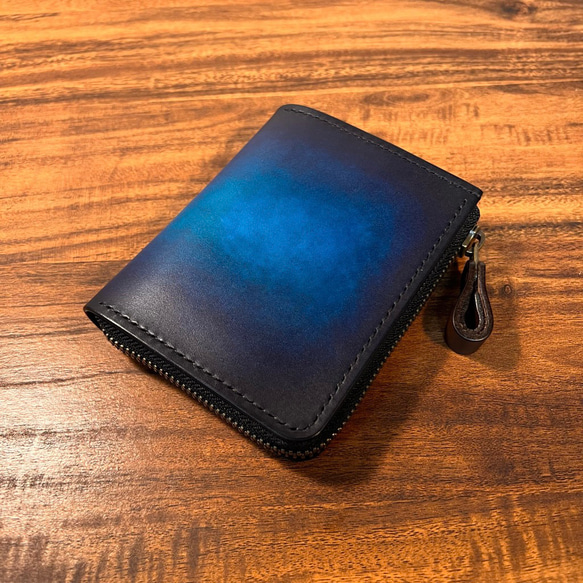 革の手染め- L字ファスナー半財布 / ブルー（青+紺） ミニ財布