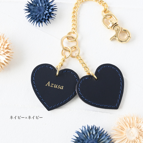 名前入り/大人のハートバッグチャーム♡イタリア革×ゴールドカラーが
