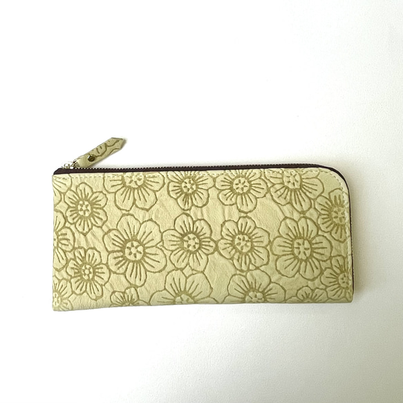 ピッグスキンのスリムな長財布Ｌ字型　フラワー　イエロー 3枚目の画像