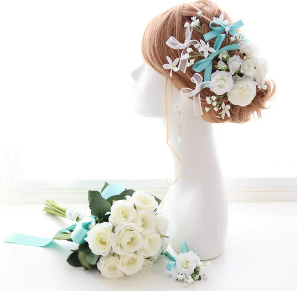 【豪華!!1点限り】ティファニーブルーのリボンアーティフィシャルフラワーアレンジ 豪華!!1点限り】ティファニーブルーのリボンアーティフィシャル