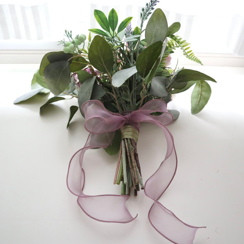 NO.44 ナチュラルグリーンのブーケ&ブートニア&ヘッドドレスのセット