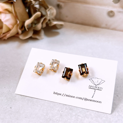 レクタングルピアス/イヤリング スワロフスキー 片耳用 ①クリスタル②