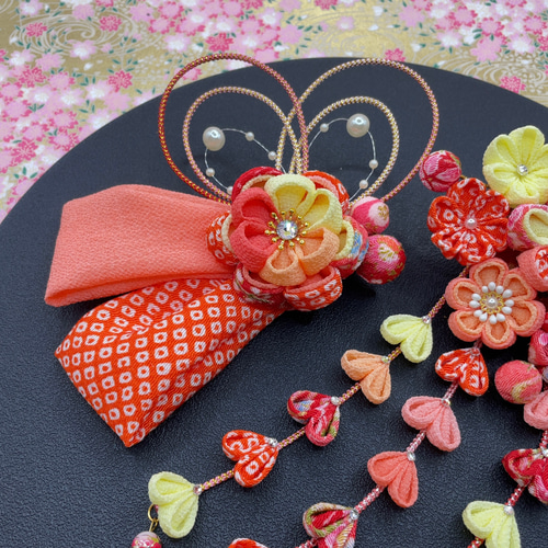 七五三髪飾り7歳 卒業式袴髪飾り オレンジ系つまみ細工人気 かんざし