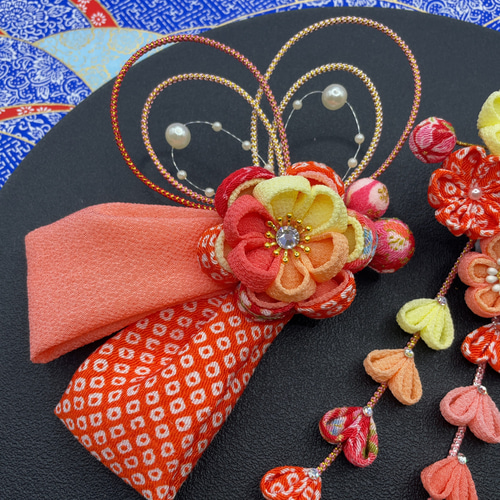 七五三髪飾り7歳 卒業式袴髪飾り オレンジ系つまみ細工人気 かんざし