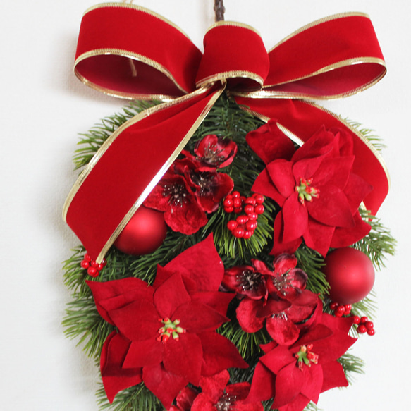 SALE♪「送料無料」レッド系クリスマススワッグリース 3枚目の画像