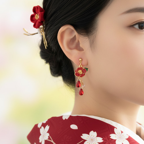 和風 椿のピアス【イヤリング/金属アレルギー対応】赤い花 成人式