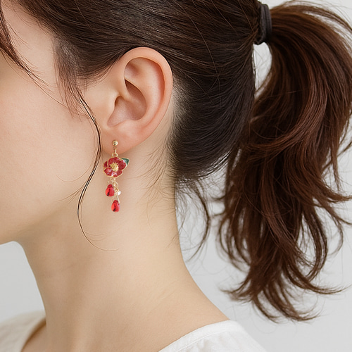 和風 椿のピアス【金属アレルギー対応 イヤリング