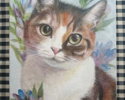 絵画。原画【かわいい猫ちゃんと梨】 猫 絵画 子猫 イラスト 水彩色鉛筆 油彩色鉛筆 原画 子猫ちゃん
