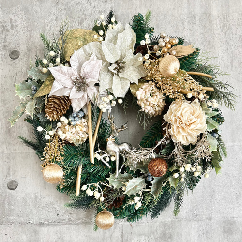 クリスマスリース 直径50cm かわいいポインセチア付き 大きめ ナチュラル ポインセチア クリスマスリース 直径50cmビッグリース リース Atelier