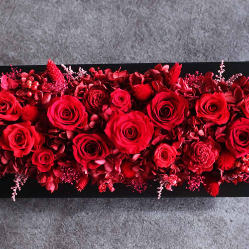 プリザーブドフラワー　赤いバラ　黒ネコドームアレンジメント プリザーブドフラワー黒薔薇の魔法発動中シリーズ／黒猫ちゃんガラス