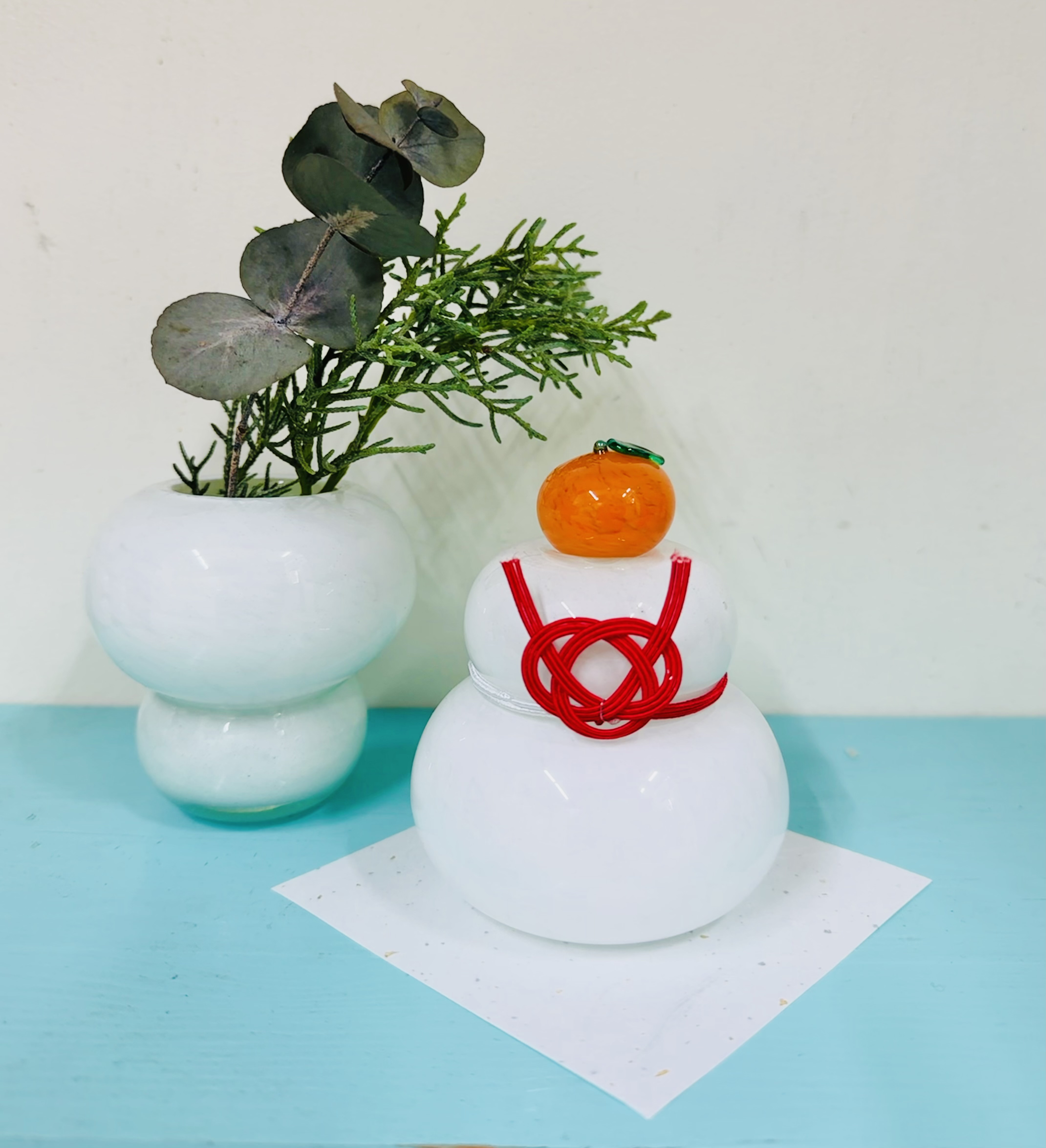 一輪挿しになる!! 2way！花咲く琉球ガラスの鏡餅・白餅タイプ