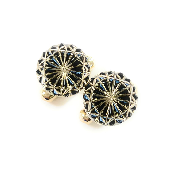 東京切子カフスボタン　菊　ブラック・ゴールド（手磨き） 1枚目の画像