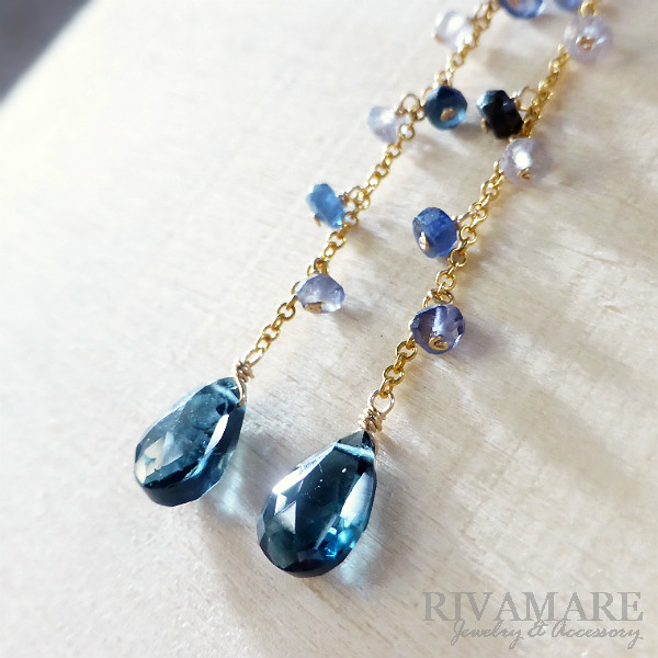 「夜明けのティザーヌ」ロンドンブルートパーズ ブルーサファイア アイオライト ロングピアス