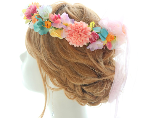 ヘッドパーツ　ヘッドドレス　髪飾り　結婚式　花冠　花かんむり　ブーケ　成人式 花冠 花かんむり レインボーカラー カラフル 結婚式 ブライダル