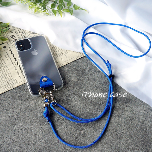 [Creema 限定免運費] [使用真皮] 帶防摔肩帶的透明 iPhone 手機殼（藍色） 第2張的照片