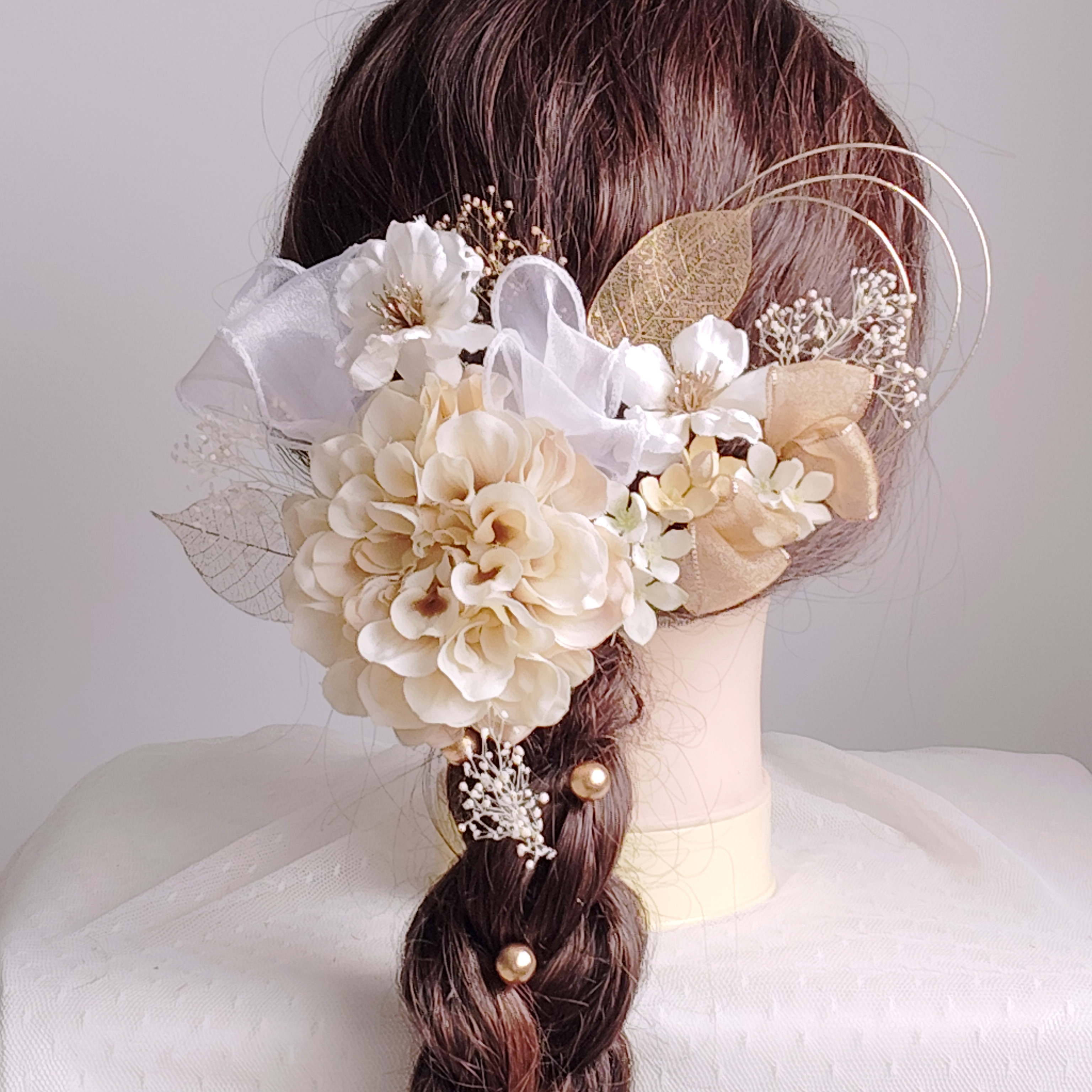 オーガンジーリボンと水引きの髪飾り　結婚式　卒業式　成人式　 髪飾り 　和装　花嫁　白無垢　色打掛　振袖　袴　着物