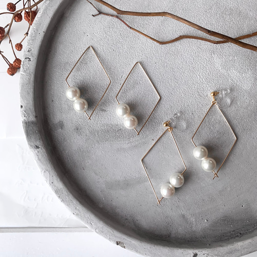 復刻デザイン】14kgfひし形*・パールピアス/イヤリング