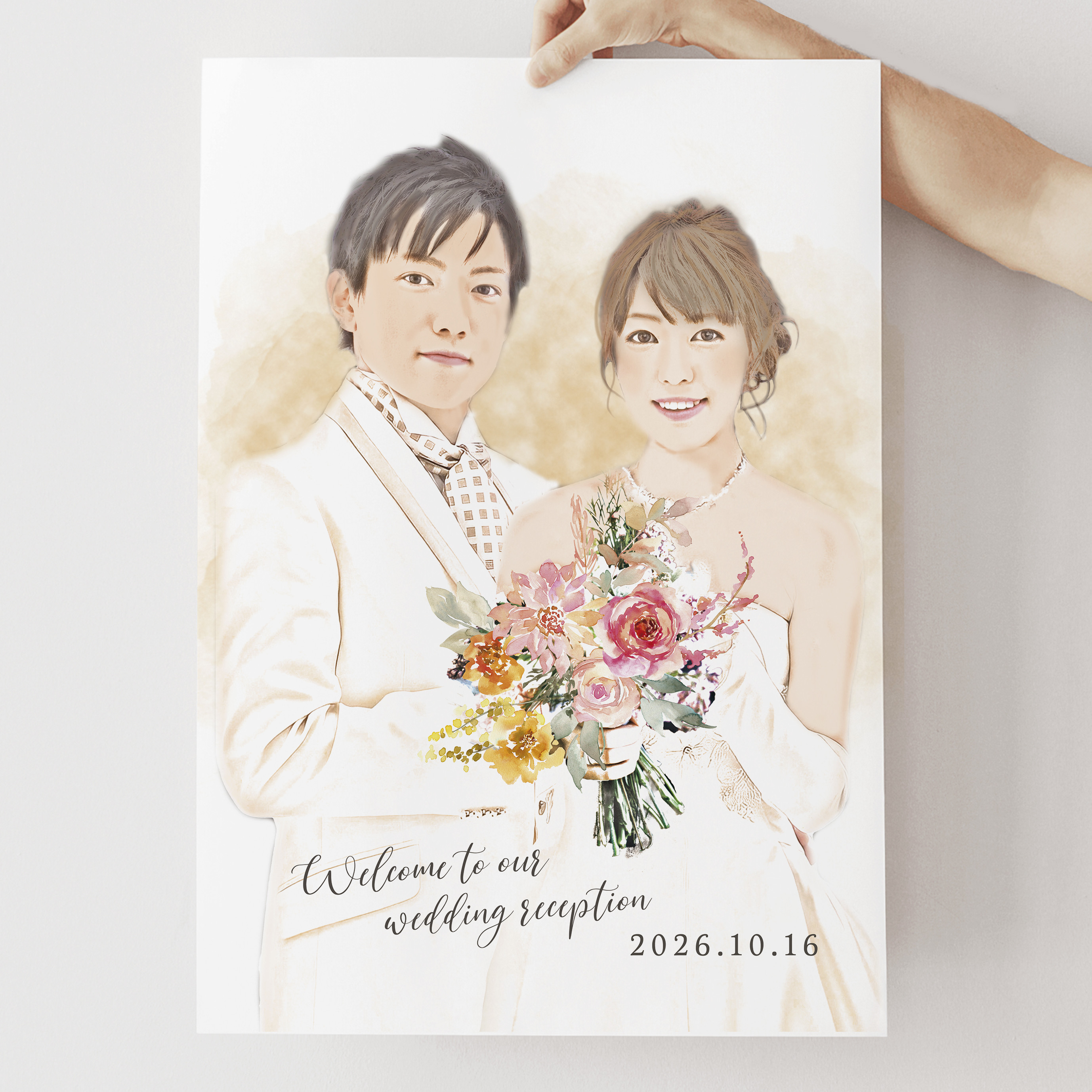 〖 特集掲載 〗 お写真から作る 水彩タッチ 似顔絵 ウェルカムボード カラーも選べる♪ ブーケアレンジ可