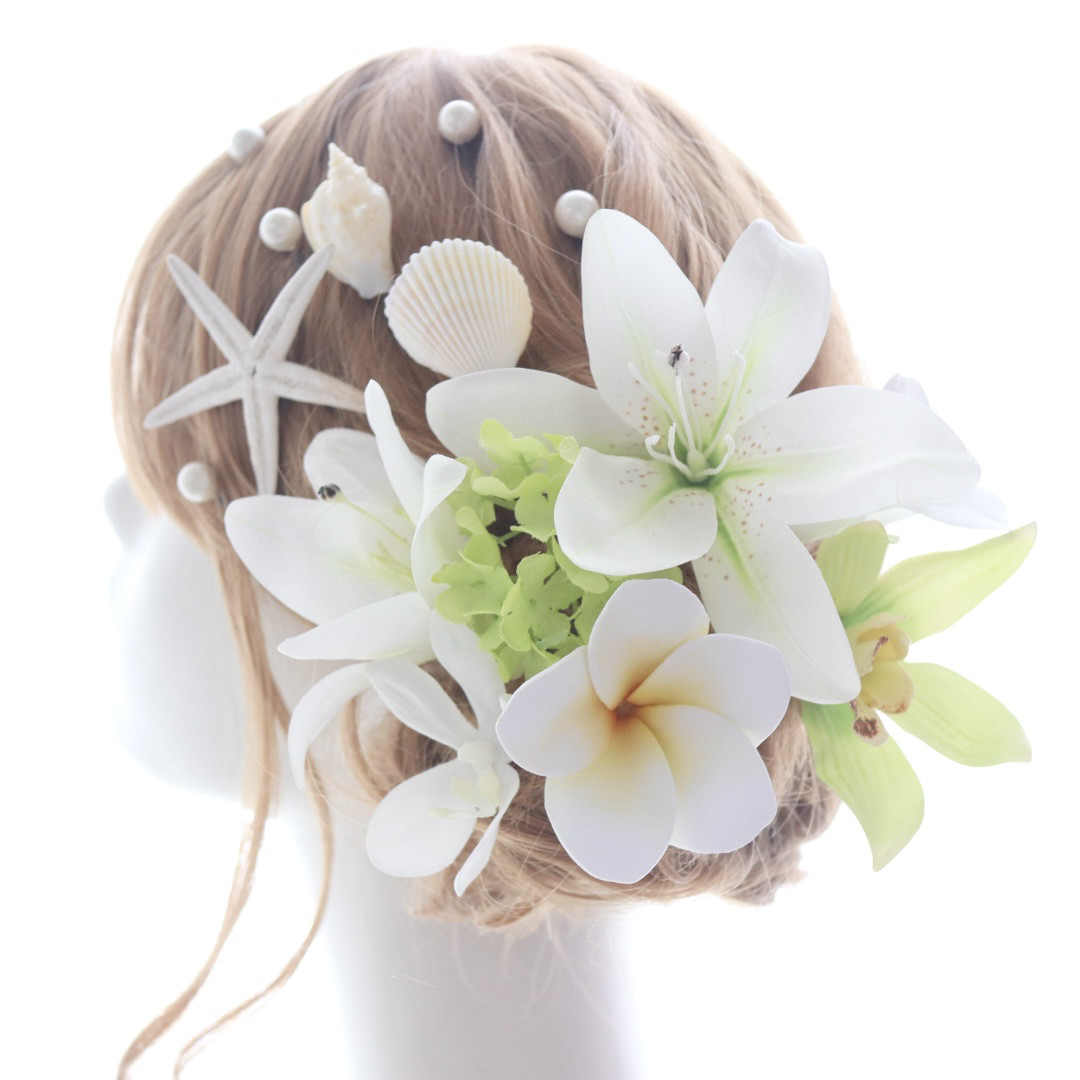 ヘッドドレス　髪飾り　ヘッドパーツ　ユリ　ラン　パール　デンファレ　プルメリア　ヒトデ　シェル　貝　結婚式　ブライダル