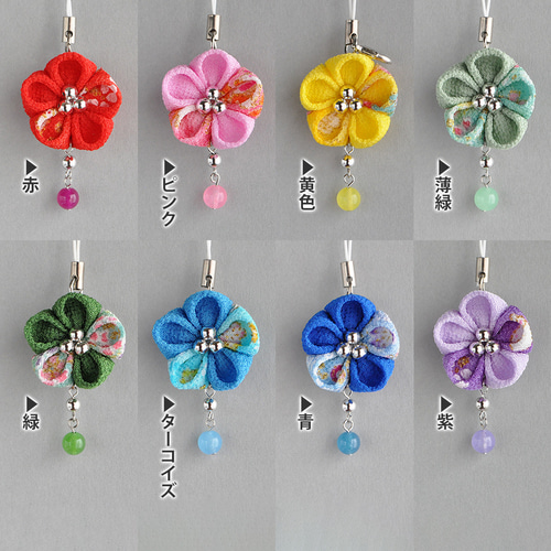 8color】梅と天然石の雫【和風ストラップ（つまみ細工