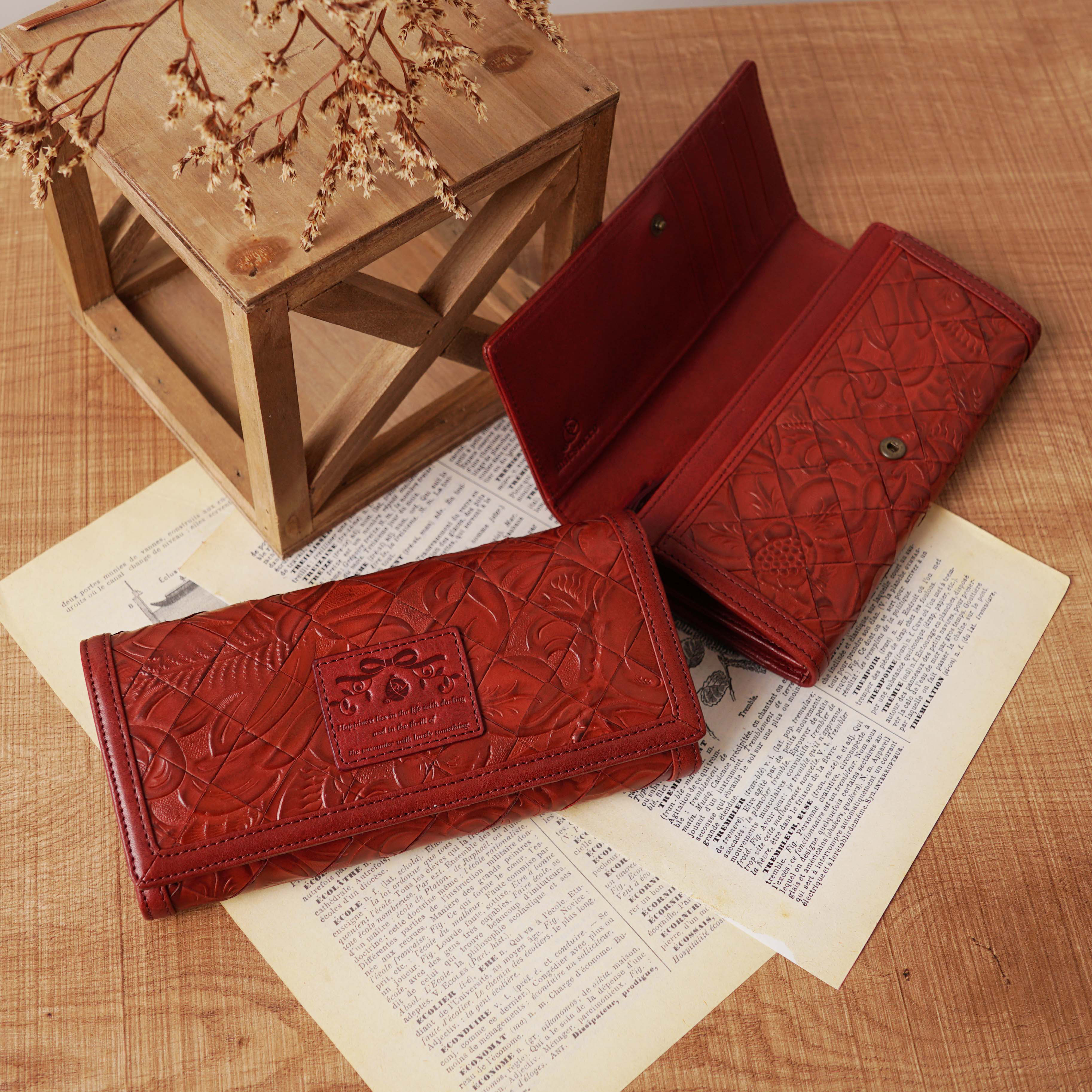 【刻印可】 編み込みメッシュレザーの長財布　ワイン　フラワーメッシュ　MJ0998