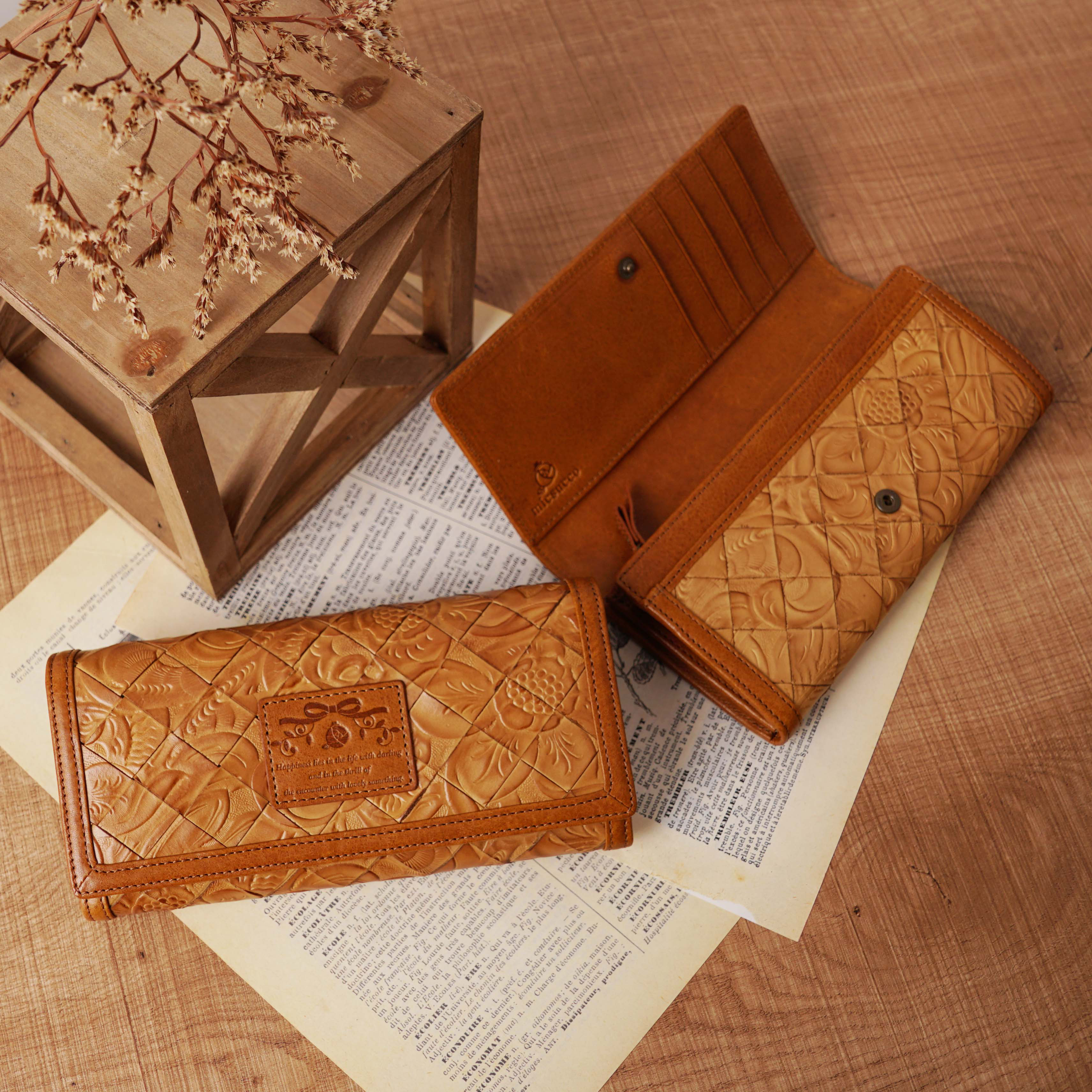 【刻印可】編み込みメッシュレザーの長財布　　ブラウン　フラワーメッシュ　MJ0998