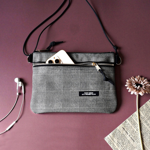 秋色リネン サコッシュバッグ（モノトーン）グレンチェック柄  