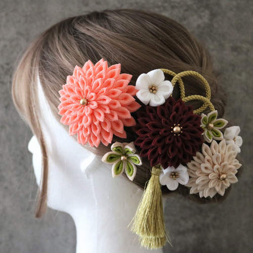 サーモンピンク】髪飾りセット ☆ つまみ細工 かんざし 四季saiku 通販