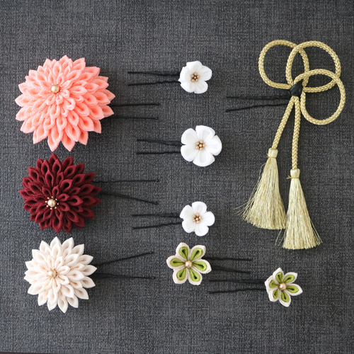 サーモンピンク】髪飾りセット ☆ つまみ細工 かんざし 四季saiku 通販