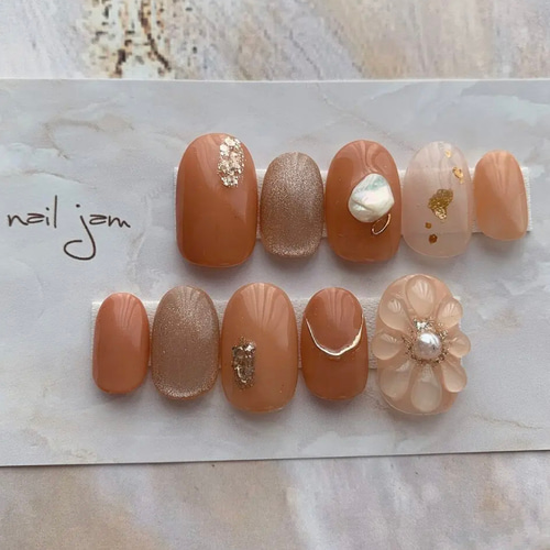ぷっくりフラワーのオレンジネイルネイルチップ 〜成人式 卒業後 前  